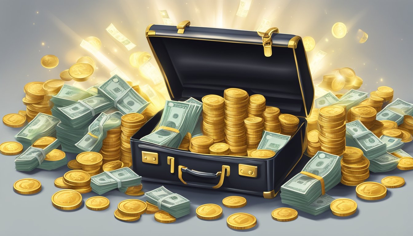 A stack of coins and a briefcase overflowing with money, surrounded by glowing angelic figures