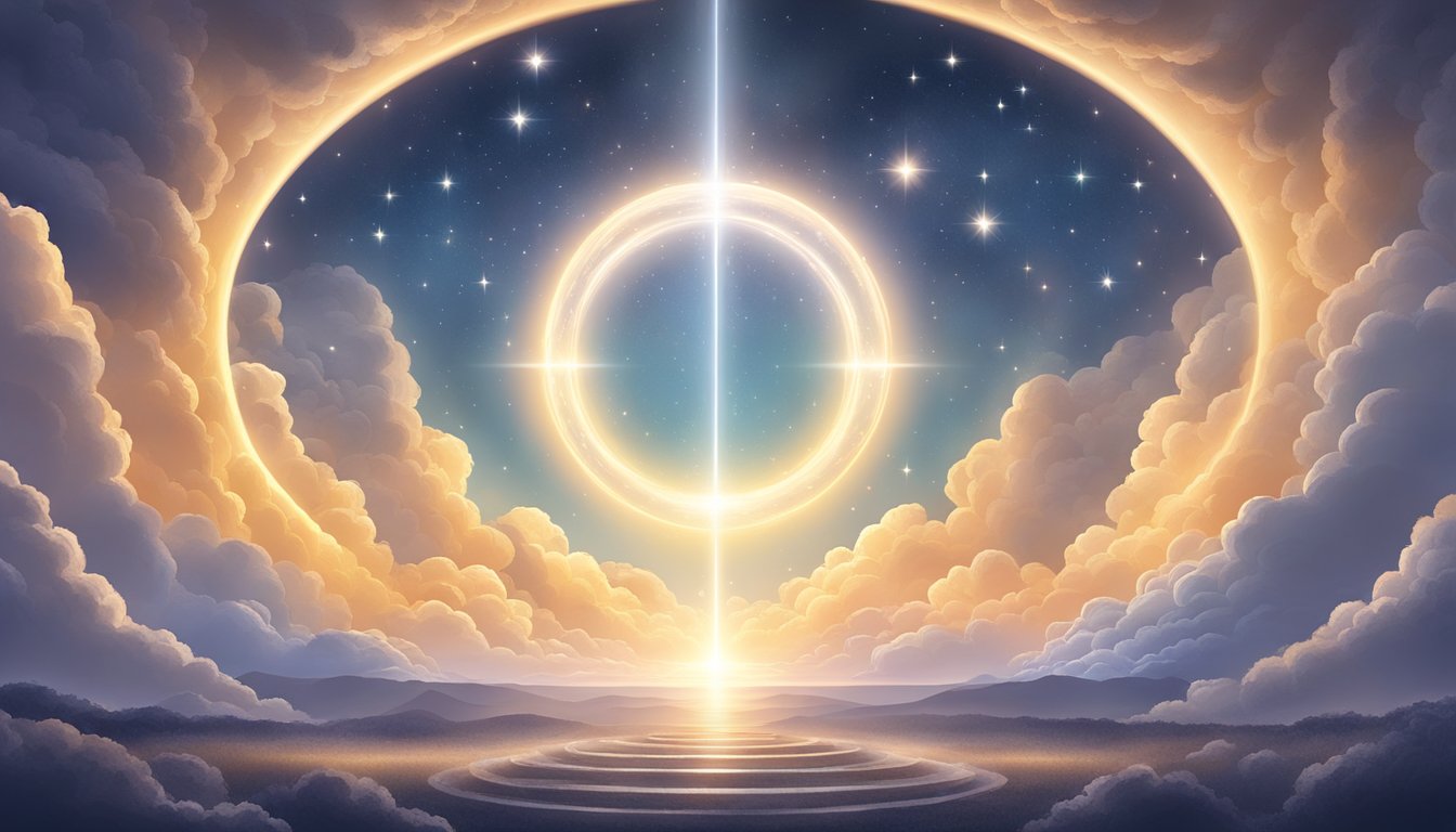 A bright, celestial scene with four repeating 6's, surrounded by a halo of light and a sense of divine presence
