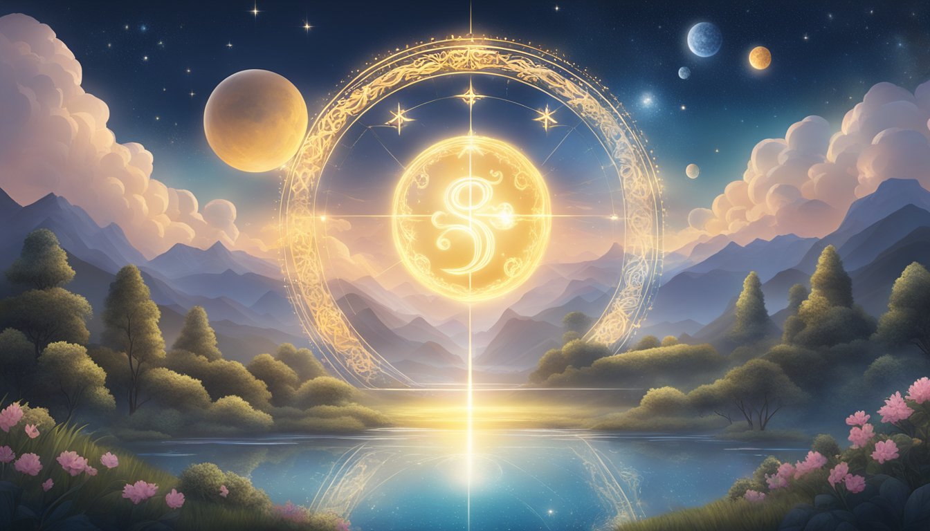 A glowing number 33 hovers above a serene landscape, surrounded by celestial symbols and angelic imagery