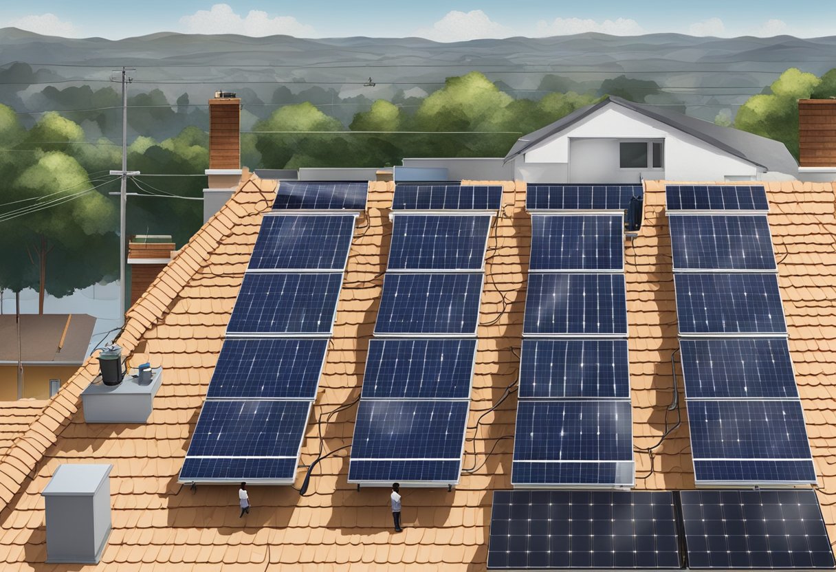 Solar panels being mounted on a rooftop, with brackets secured and panels connected to each other and to the home's electrical system