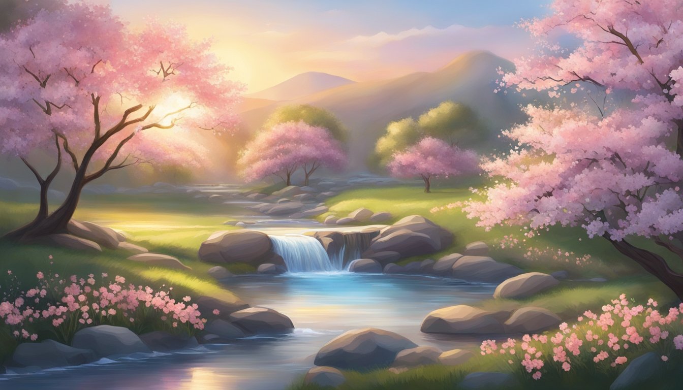 A serene garden with blooming cherry blossoms, a flowing stream, and a bright sunrise.</p><!-- wp:group {