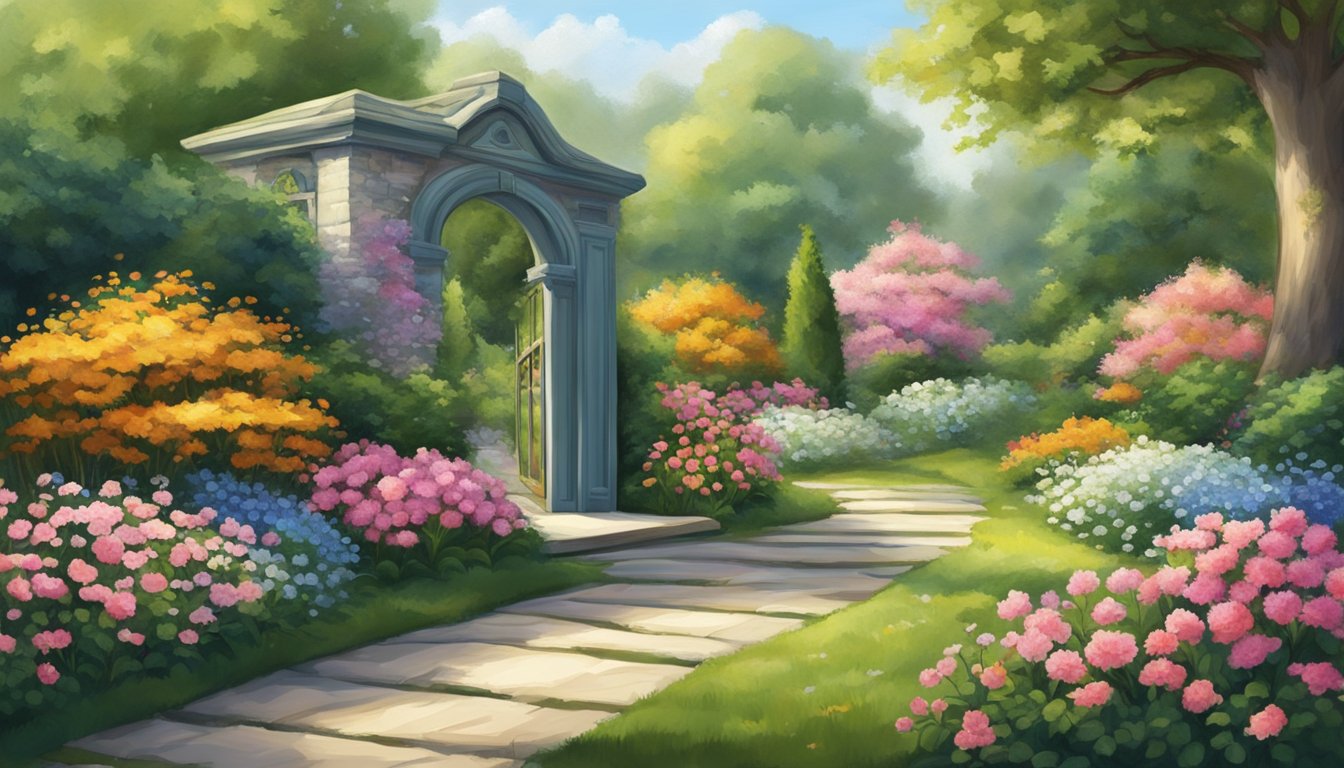 A serene garden with a path leading to a bright, open doorway, surrounded by blooming flowers and trees