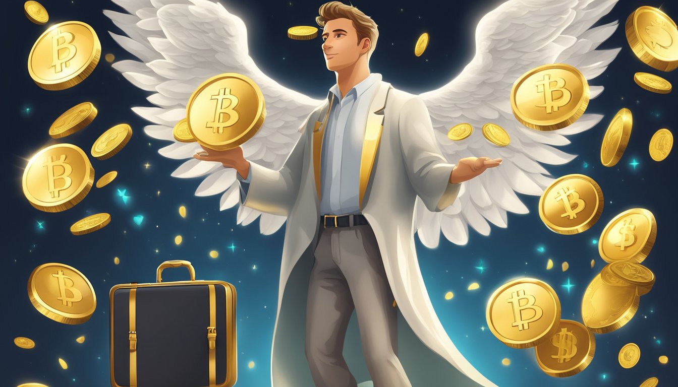A radiant angelic figure holds a golden coin and a briefcase, surrounded by glowing messages about work and financial luck