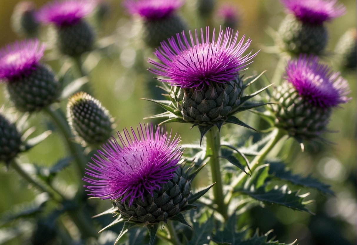 A vibrant field of blooming milk thistle plants, with spiky leaves and purple flowers, set against a bright blue sky