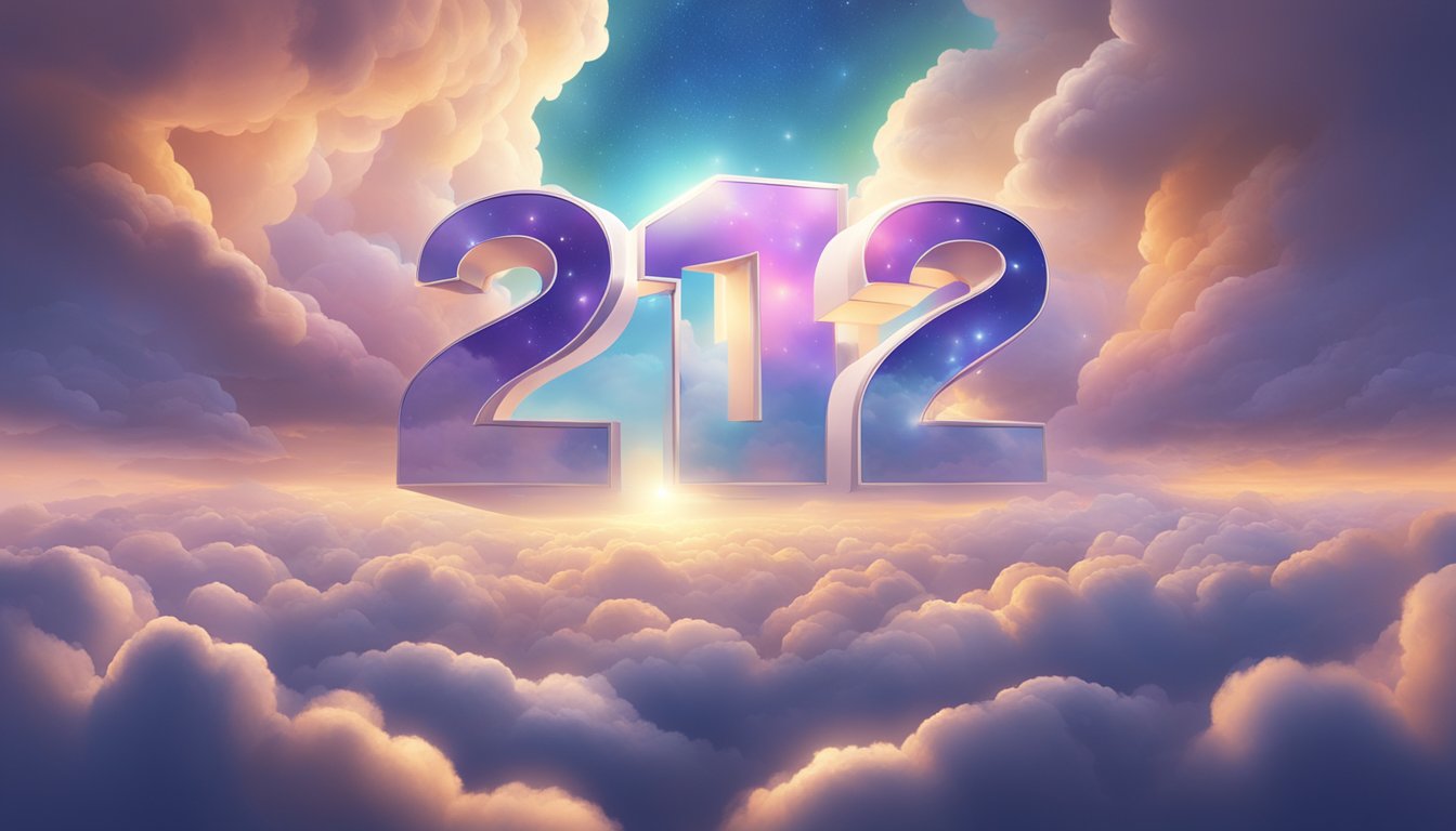 A glowing number "2112" hovers in the sky, surrounded by celestial clouds and ethereal light