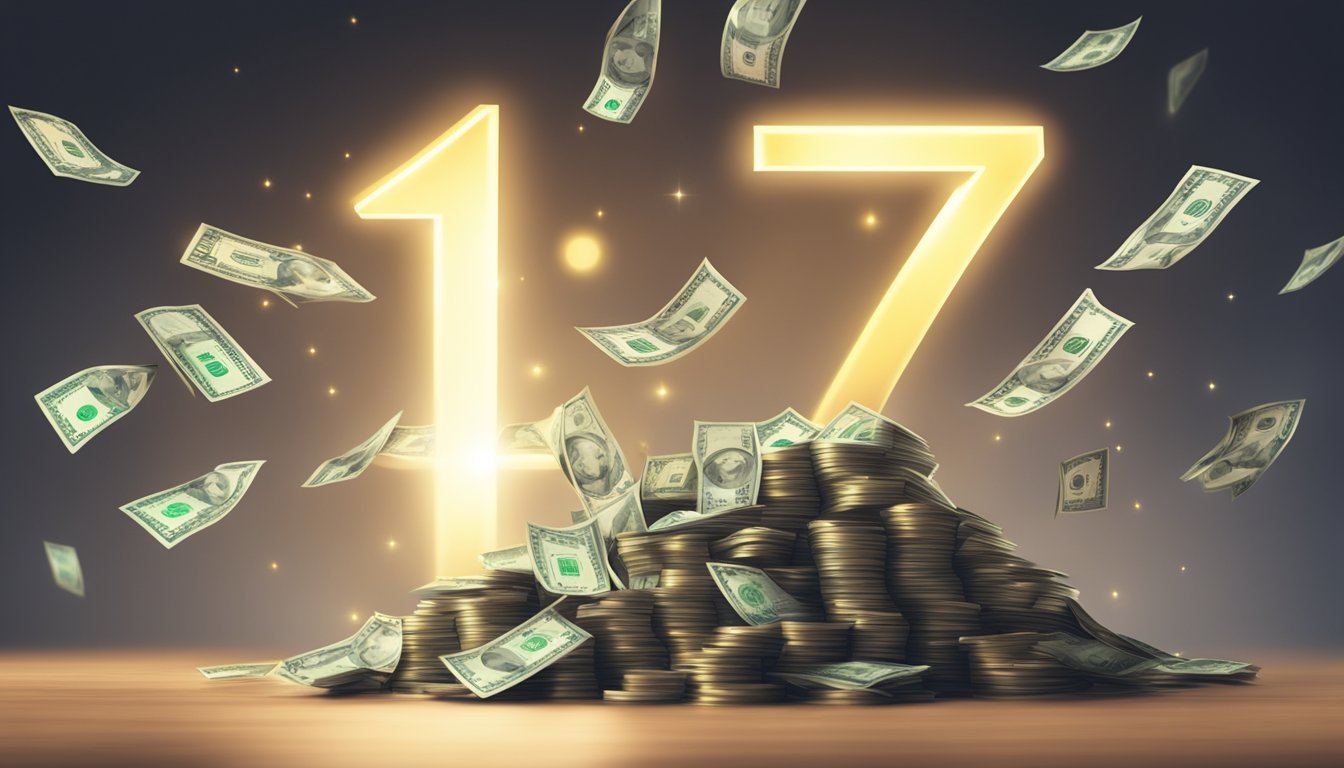 A glowing number 77 hovers above a pile of money, while a beam of light shines down from above, symbolizing the message of angel number 77 for work and financial luck