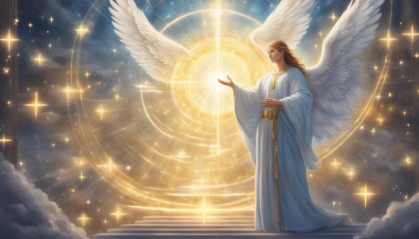 An angelic figure surrounded by glowing numbers and symbols, emanating a sense of guidance and spiritual significance