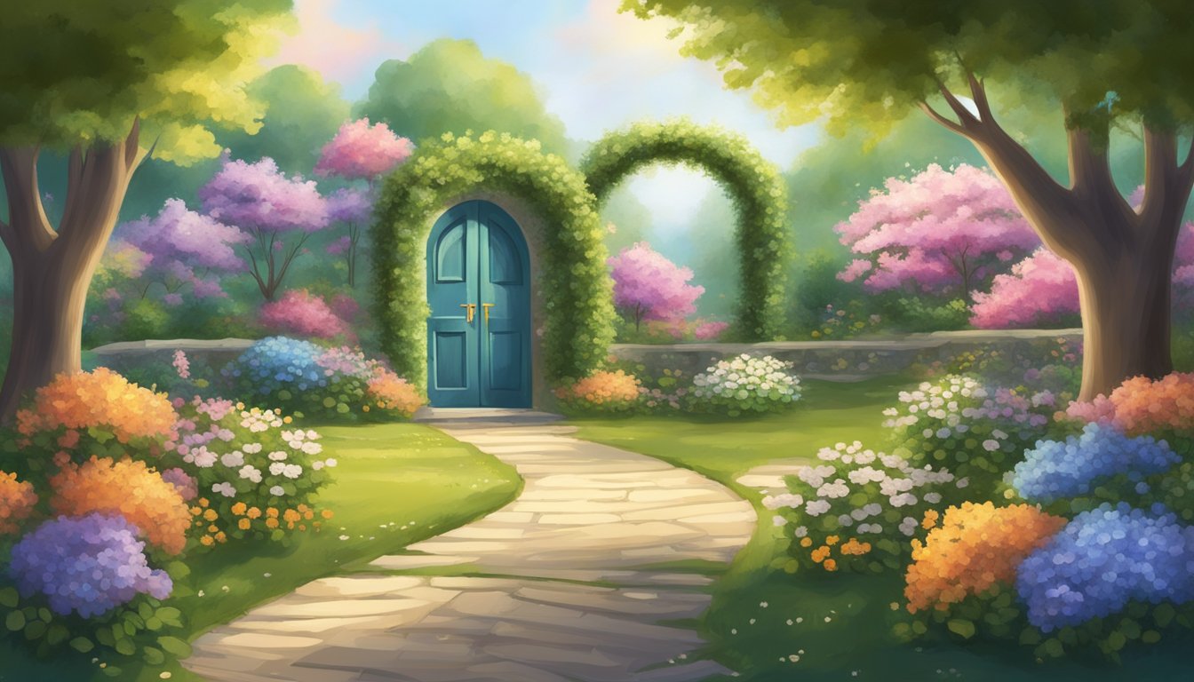 A serene garden with blooming flowers and a pathway leading to a glowing number "1234" surrounded by a sense of personal growth and spiritual guidance