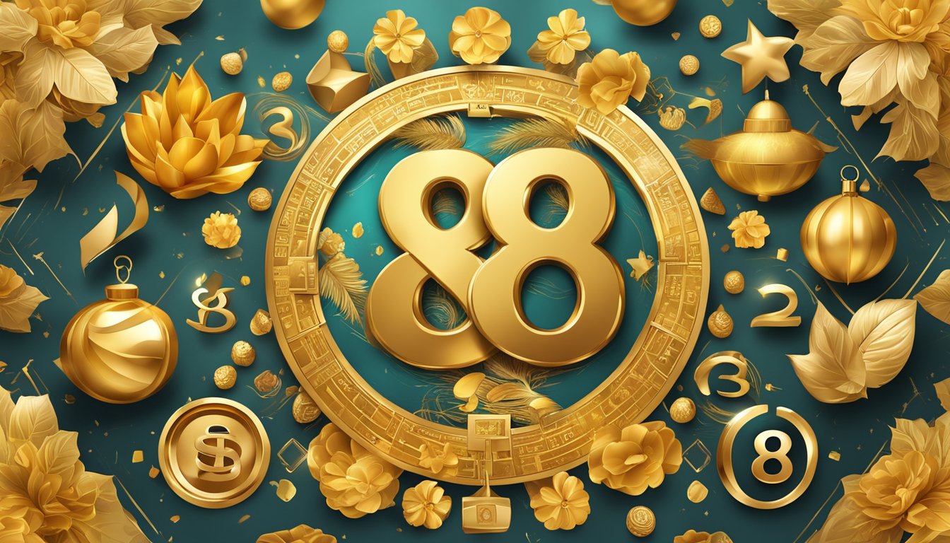 A golden number 88 surrounded by symbols of abundance and prosperity