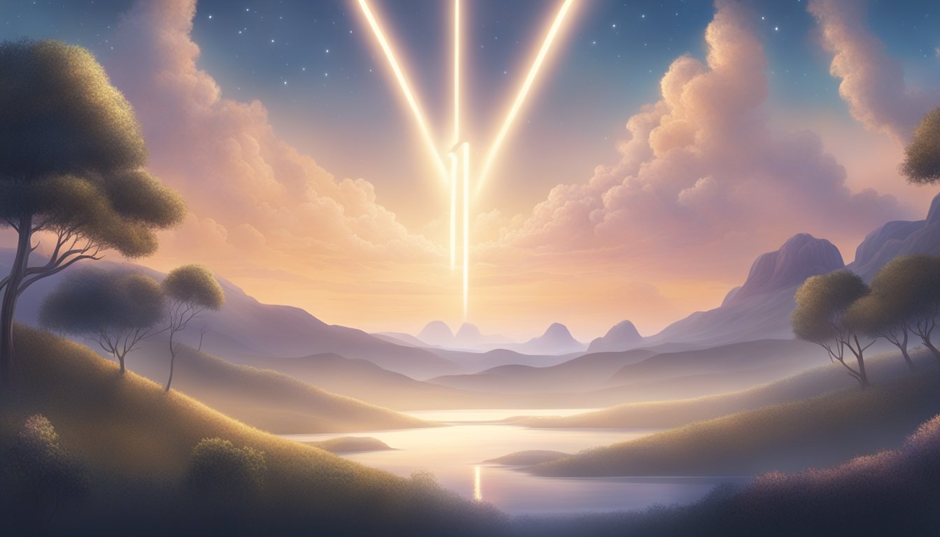 A glowing number 1441 hovers above a serene, celestial landscape, surrounded by ethereal light and angelic figures