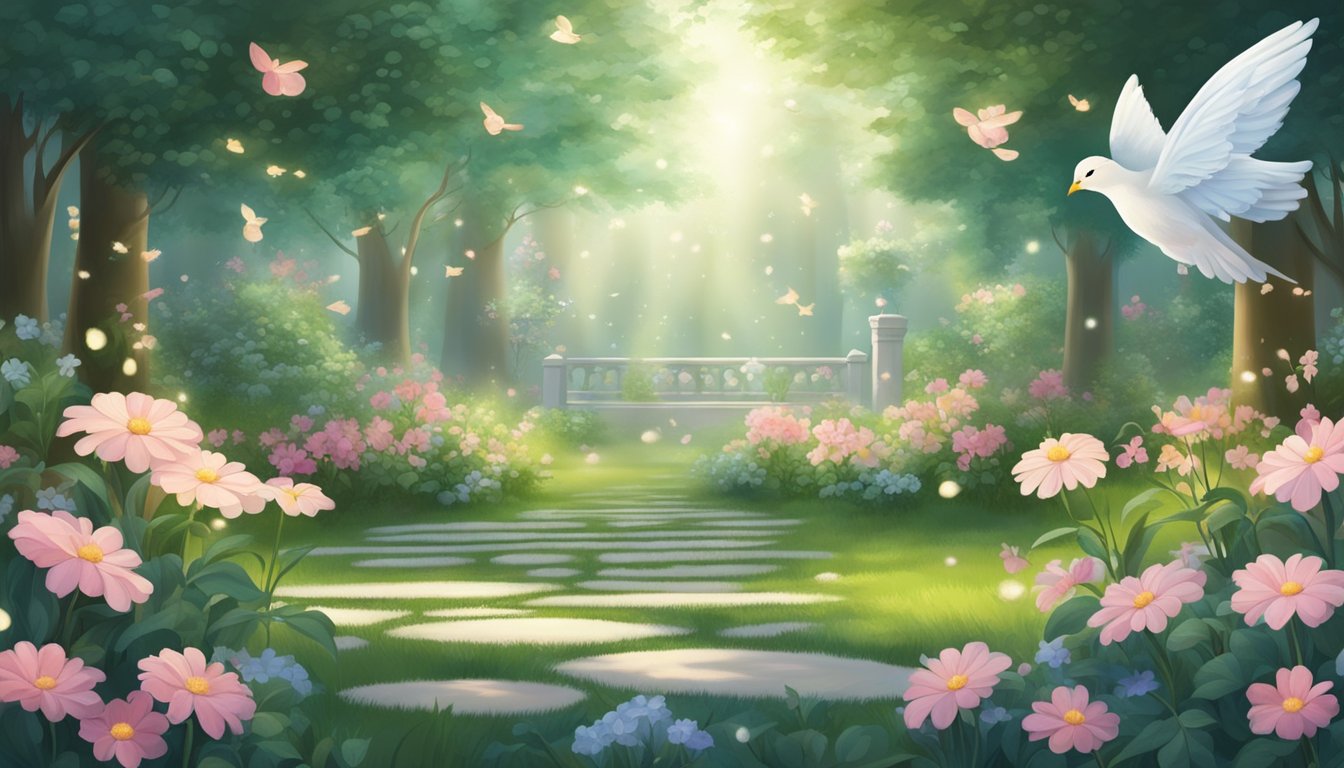 A serene garden with blooming flowers and a gentle breeze, surrounded by angelic symbols and a glowing number 2332