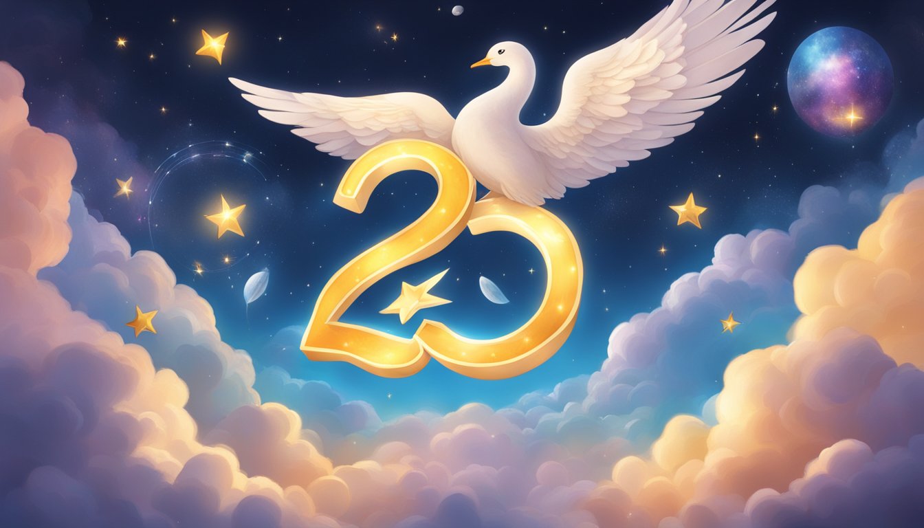 A glowing, ethereal number "2332" floats in the air, surrounded by celestial symbols and angelic imagery
