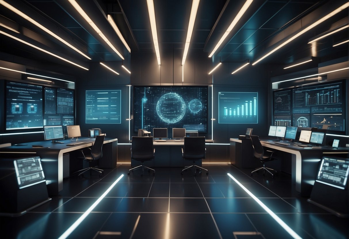 A futuristic financial technology center with secure digital networks and data encryption, symbolizing the importance of cybersecurity in finance