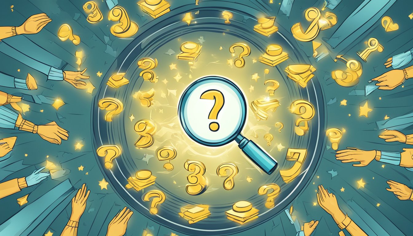 A glowing angel number surrounded by question marks, with a search bar and magnifying glass