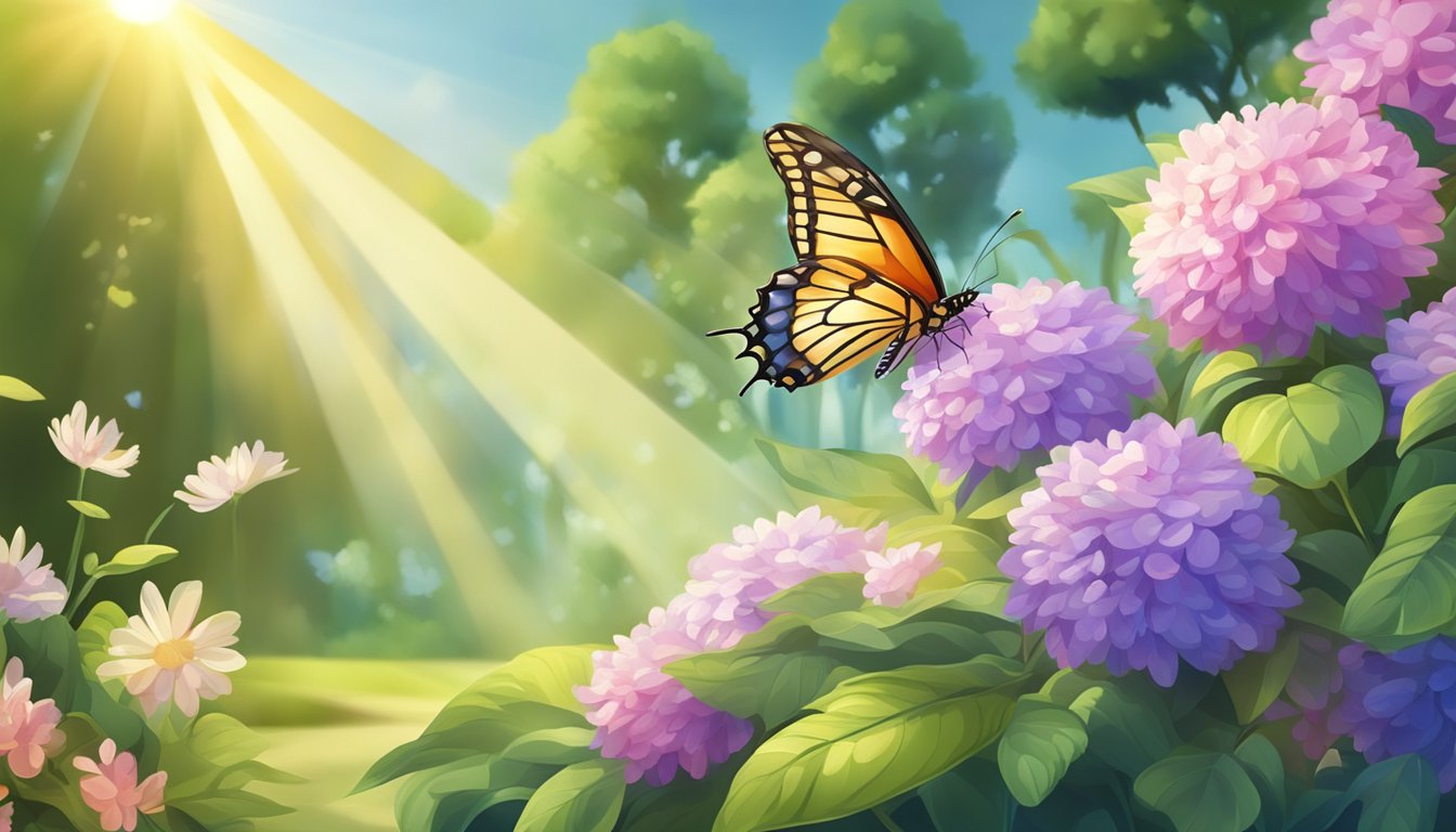 A garden with blooming flowers and a butterfly resting on a leaf, surrounded by rays of sunlight