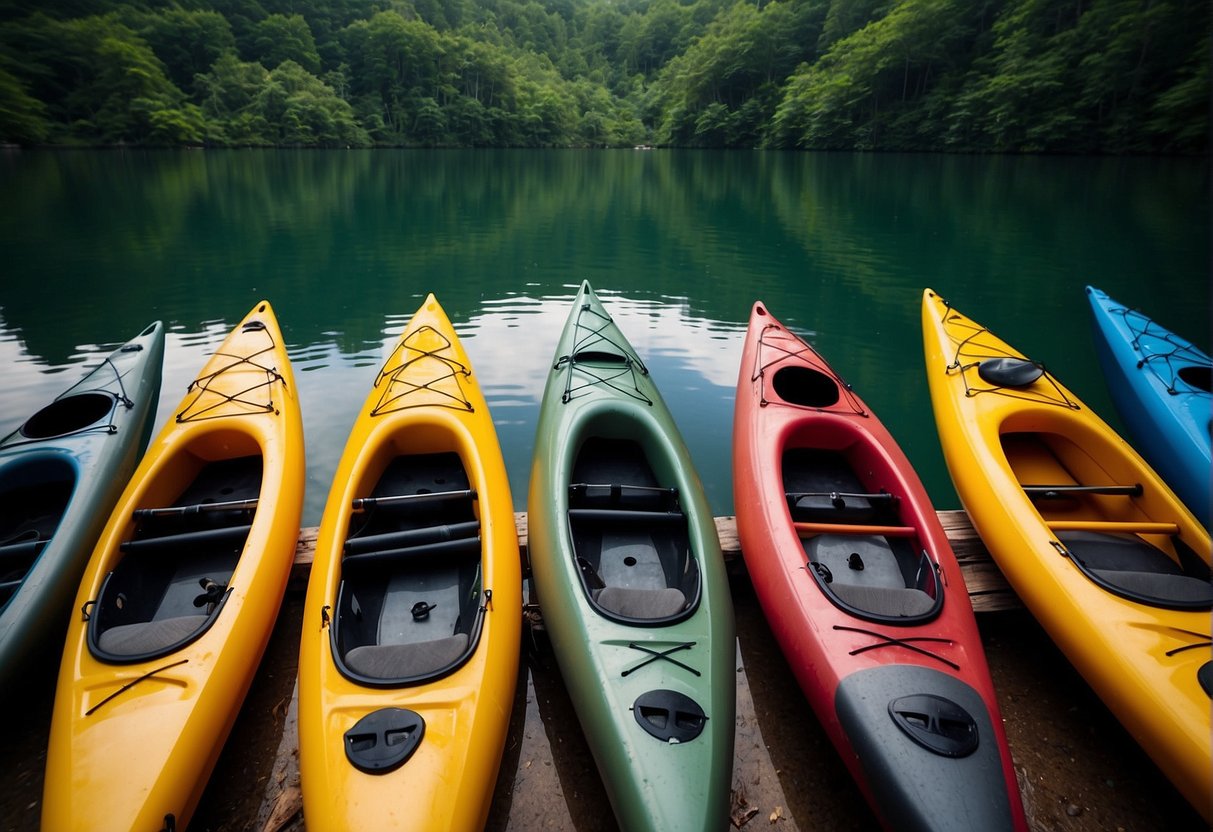 Kayaks lined up on the shore, with a backdrop of serene water and lush greenery