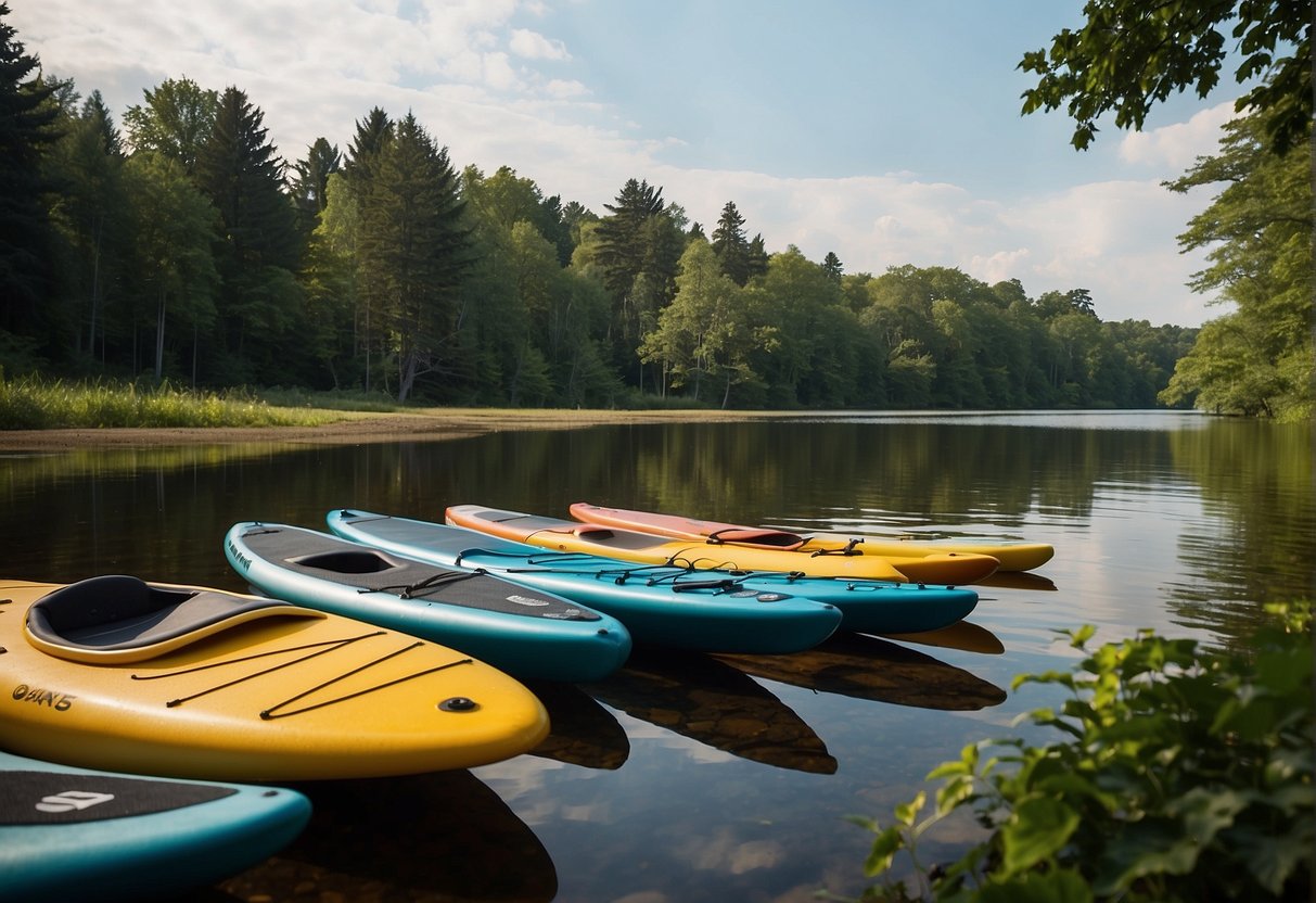 Paddleboards and kayaks line the shore at Dunham's, with a backdrop of serene water and lush greenery