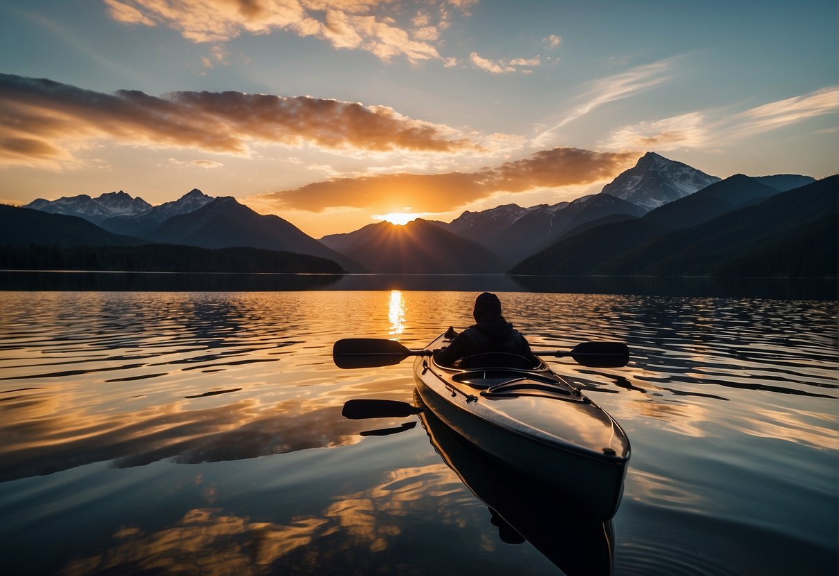 A calm lake reflects the sunset as a kayak glides across the water, a fishing line trailing behind. The silhouette of a distant mountain frames the serene scene