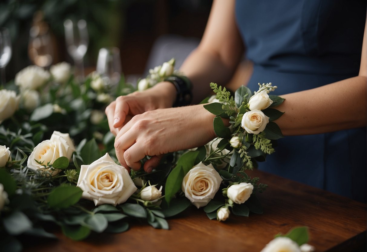 Florist applying corsage leaves to a wristband with floral adhesive, ensuring secure and balanced placement for a formal event