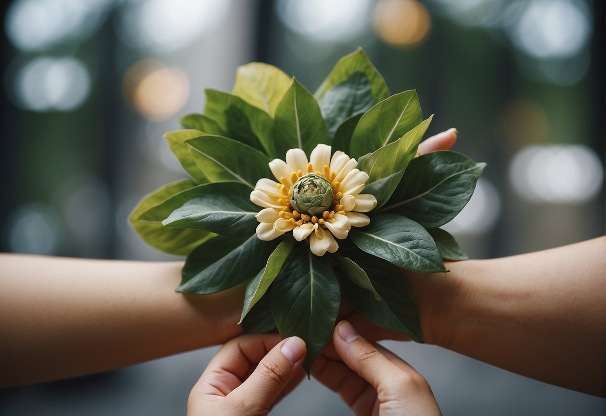 Corsage leaves arranged around a central flower in a floral design