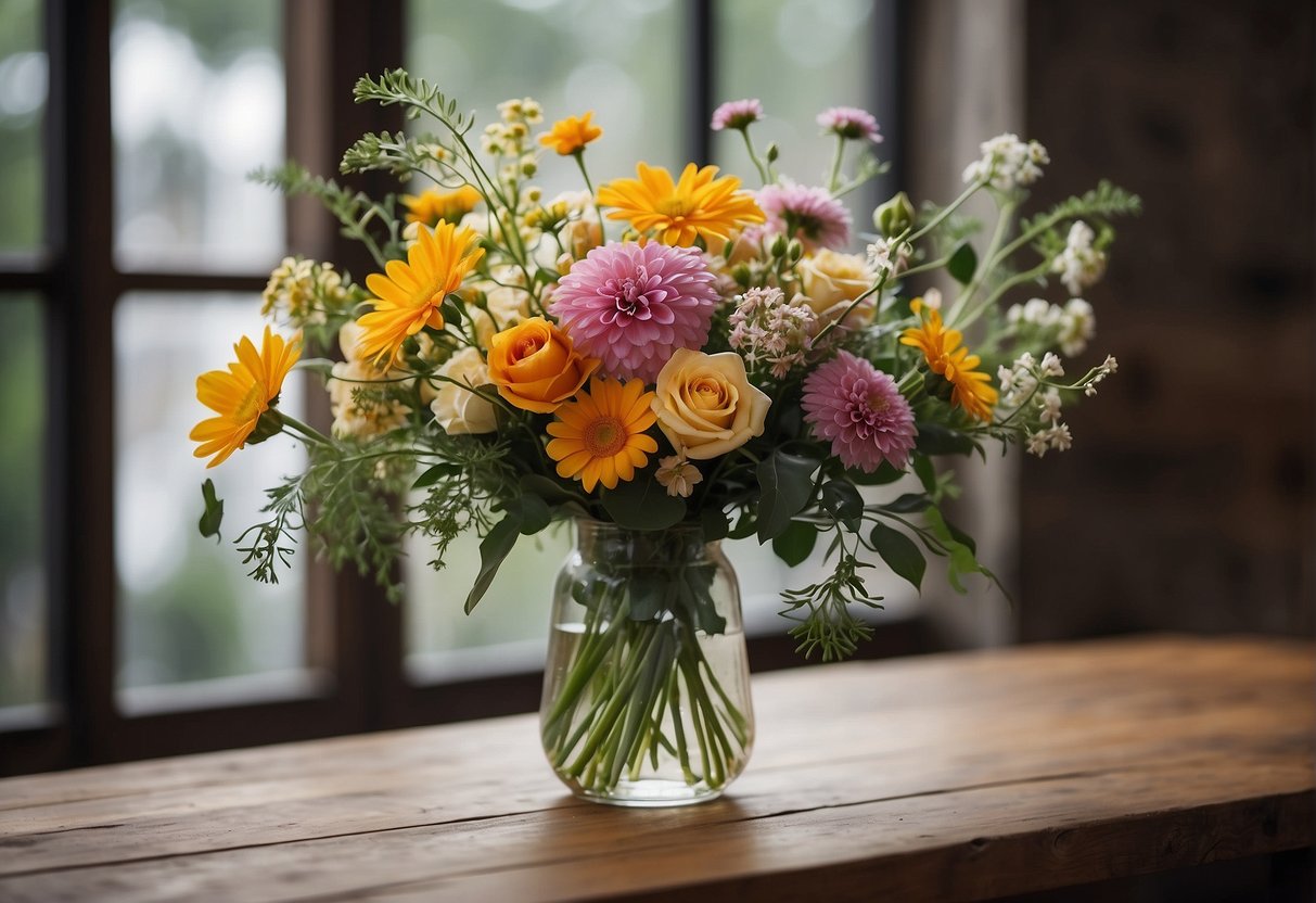 A colorful bouquet of flowers arranged in a tall, clear vase with greenery and filler, set on a rustic wooden table