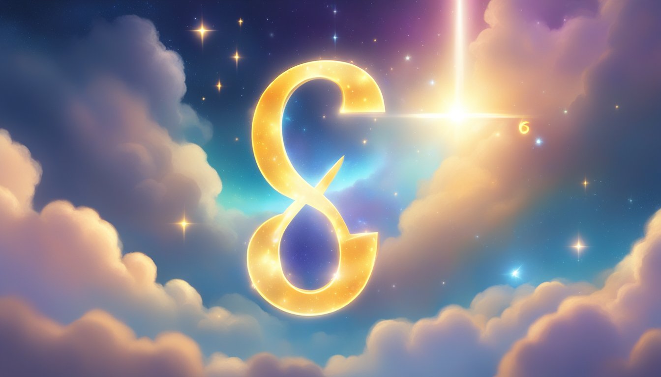 A glowing number 66 floats in a celestial sky, surrounded by shimmering light and angelic energy