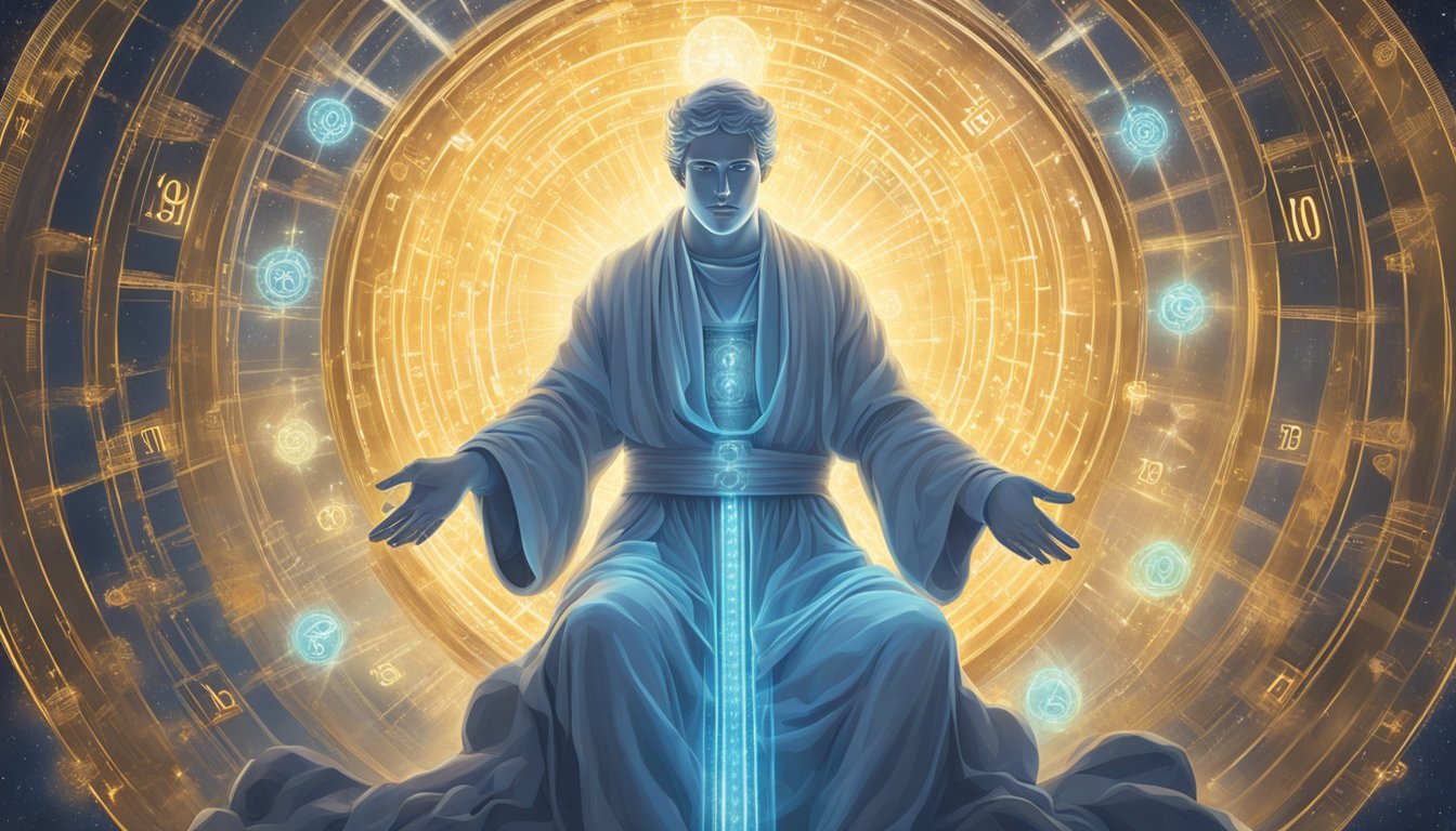 A heavenly figure surrounded by glowing numbers, radiating a sense of wisdom and guidance
