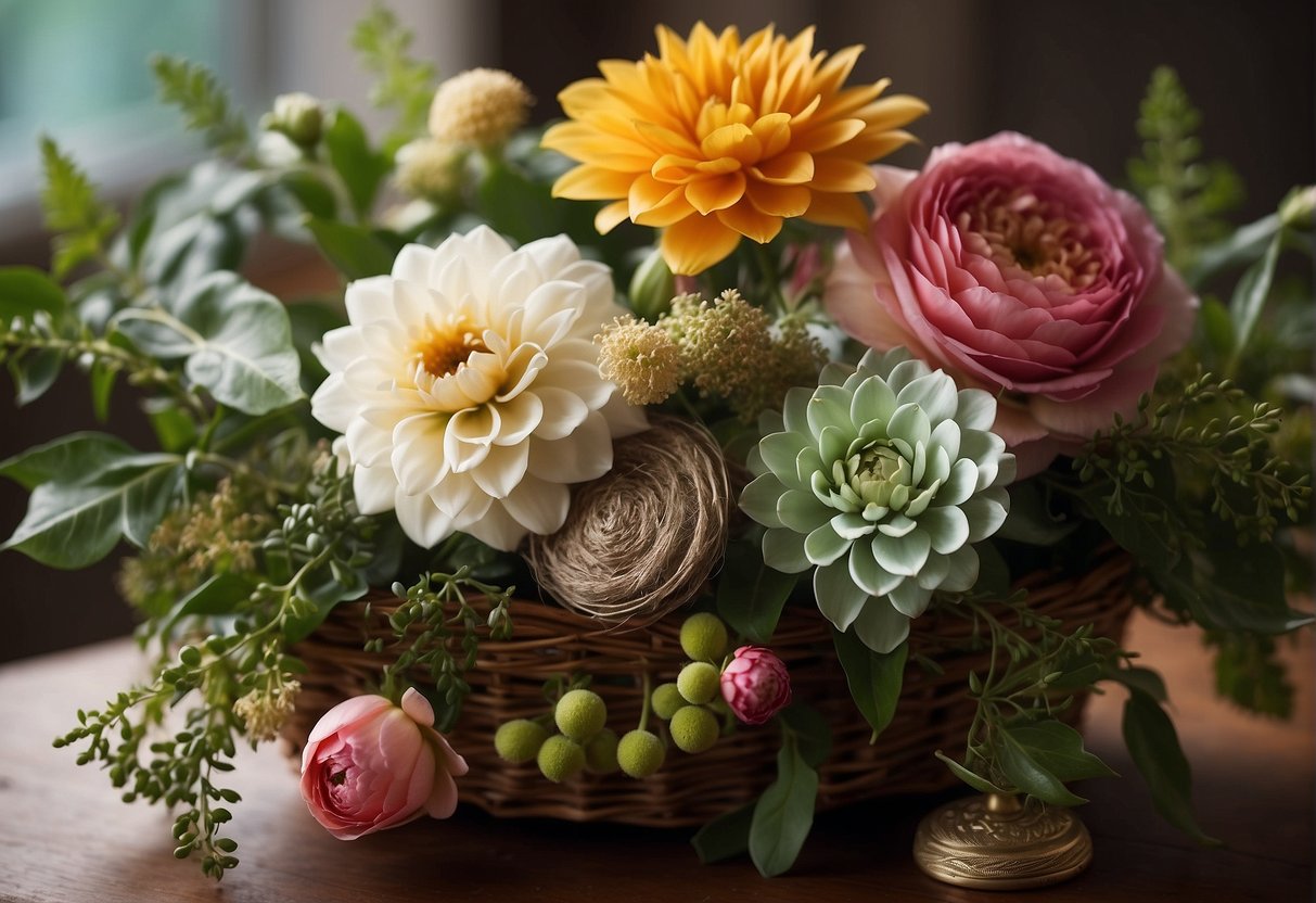 A variety of flowers, foliage, and accessories arranged in a dynamic and artistic composition, showcasing advanced techniques and styles in floral design