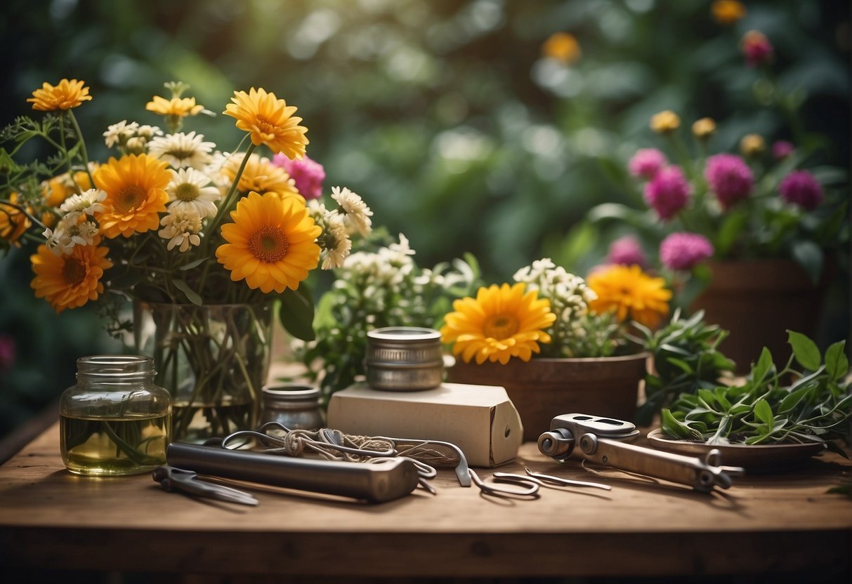 A table with various floral elements: flowers, foliage, and accessories. Tools like scissors and wire are scattered around