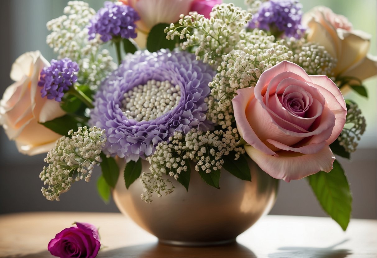 A vase filled with various filler flowers, such as baby's breath and statice, arranged around larger focal blooms like roses and lilies