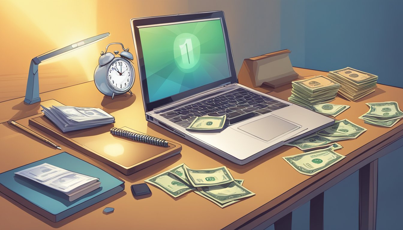 A desk with a laptop, a stack of money, and a clock showing 11:11.</p><p>A beam of light shines on the number 11