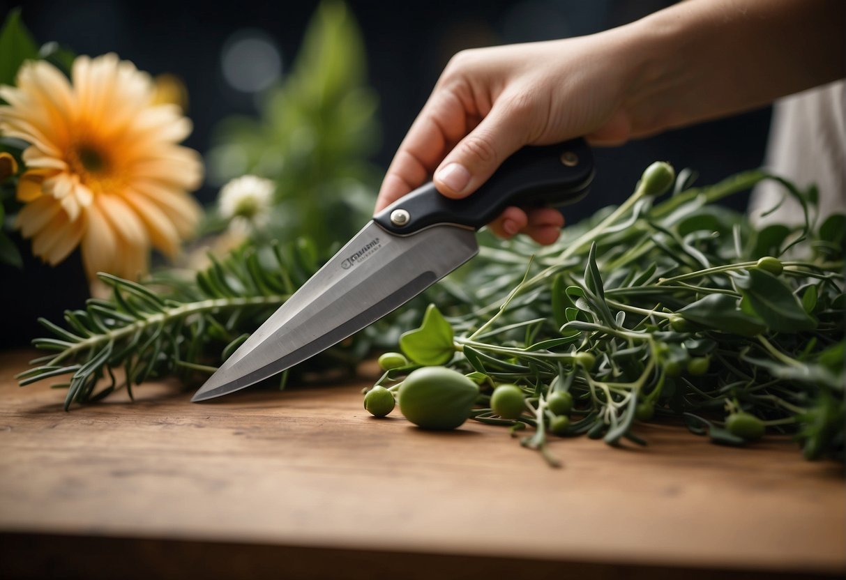 Floral knives cutting stems, shaping arrangements, and trimming foliage in a floral design setting