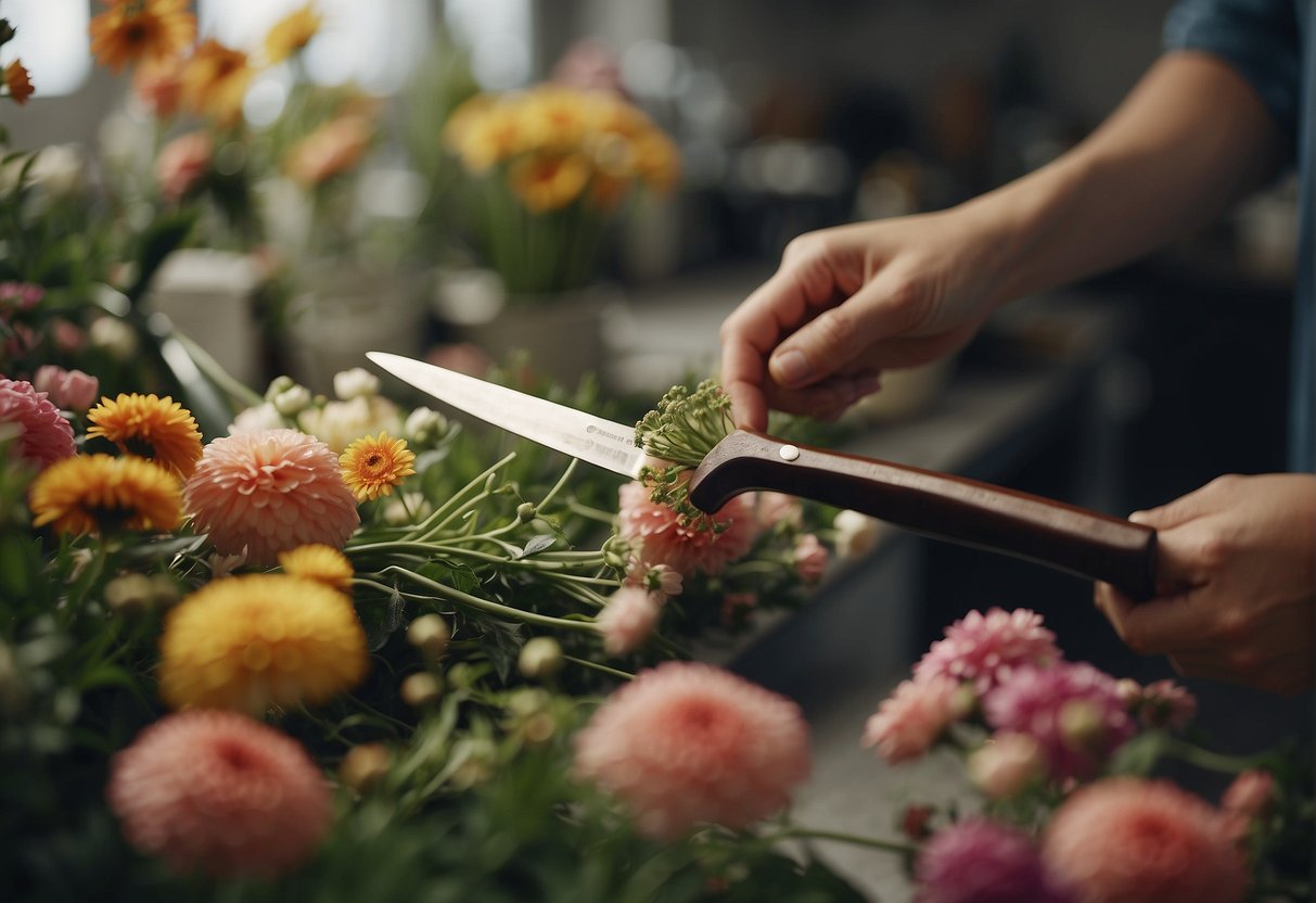 Floral knives cutting stems and shaping flowers in a floral design studio