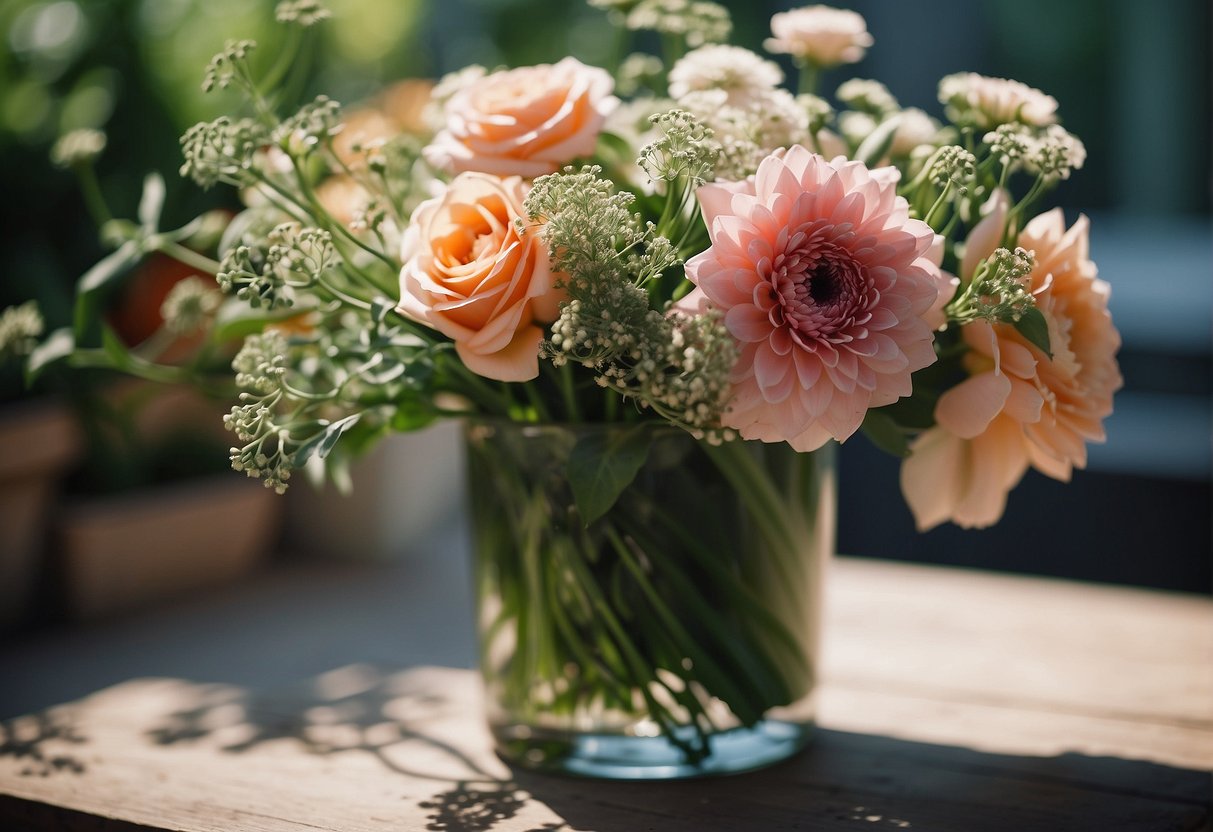 Floral shears trim stems in a bouquet, surrounded by fresh flowers and greenery