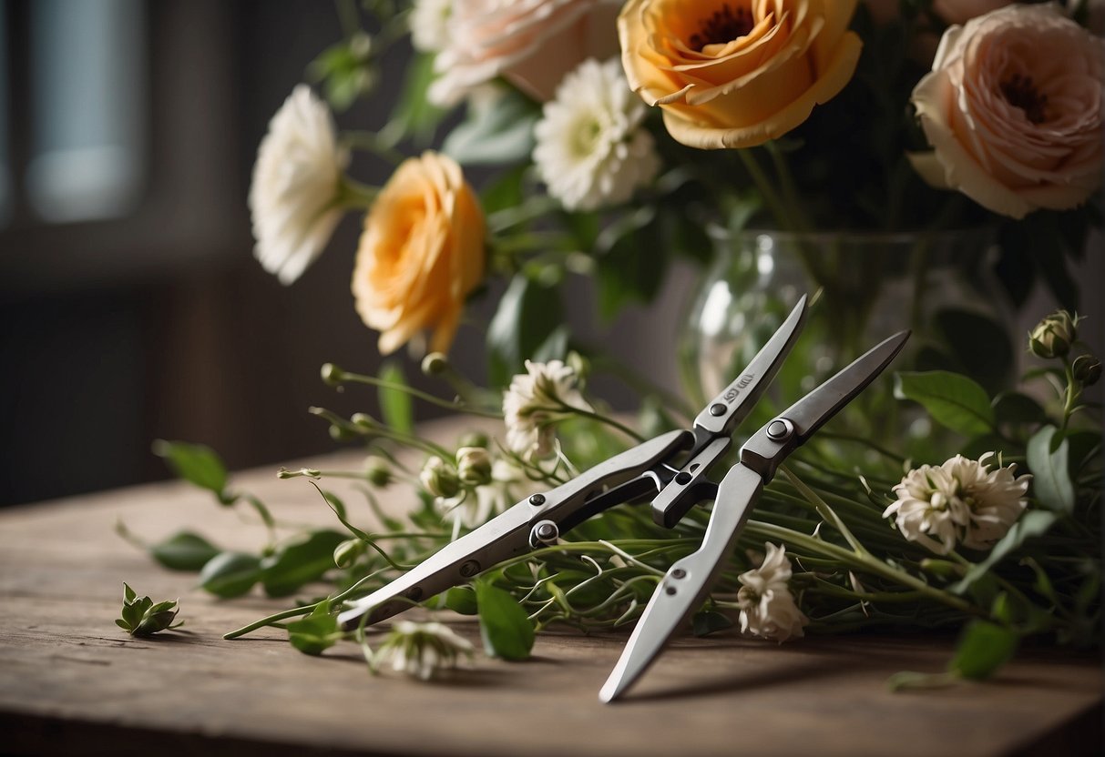 Floral shears cutting through a bouquet of flowers, with stems and leaves scattered around. A vase and other floral design tools are visible in the background