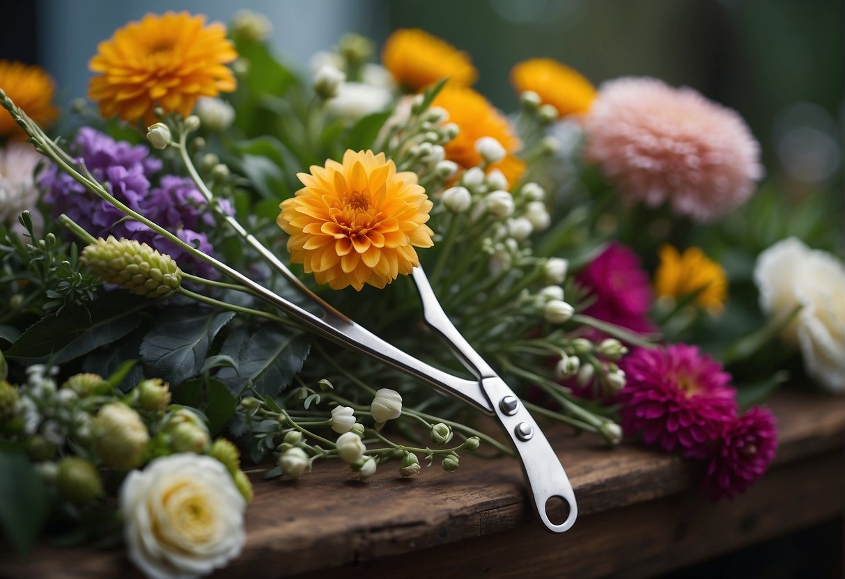 Floral shears trim stems of various flowers and foliage for floral arrangements