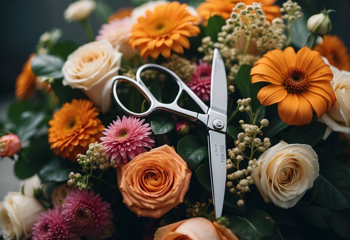 Floral shears cutting through a vibrant bouquet, surrounded by scattered petals and foliage