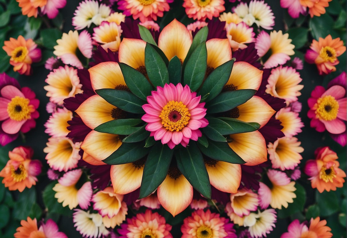 Vibrant, symmetrical blooms arranged in a circular pattern with varying heights and colors, creating a visually appealing and balanced floral design