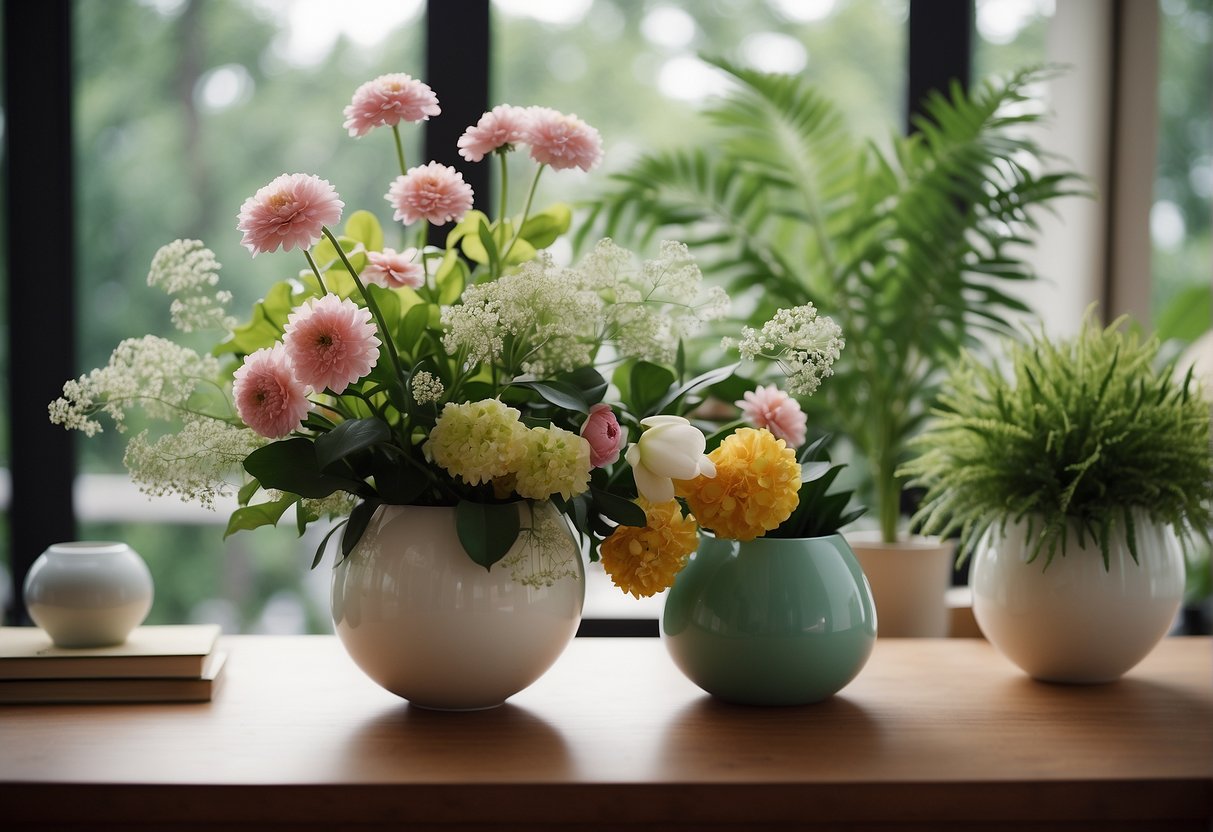 A vase filled with form flowers of varying heights and shapes, surrounded by lush greenery and other decorative elements