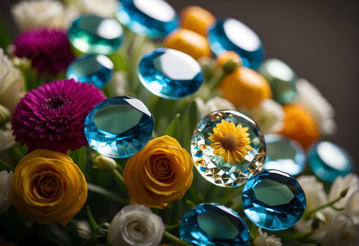 Glass gems are arranged in a circular pattern around a bouquet of flowers, adding a touch of elegance and sparkle to the floral design