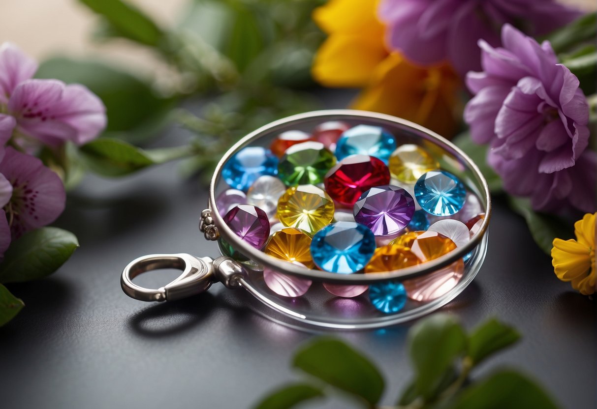 Glass gems are arranged in a circular pattern on a table, surrounded by colorful flowers and greenery. A pair of scissors and floral wire are nearby