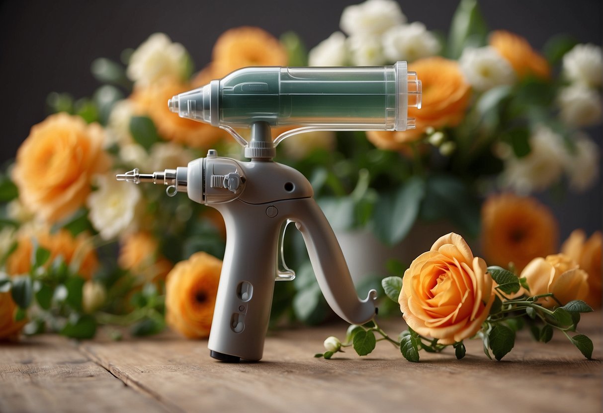 A glue gun is used to secure floral elements like ribbons and small decorations onto arrangements