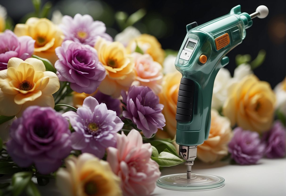 A glue gun is melting adhesive onto silk flowers and securing them to a floral arrangement base