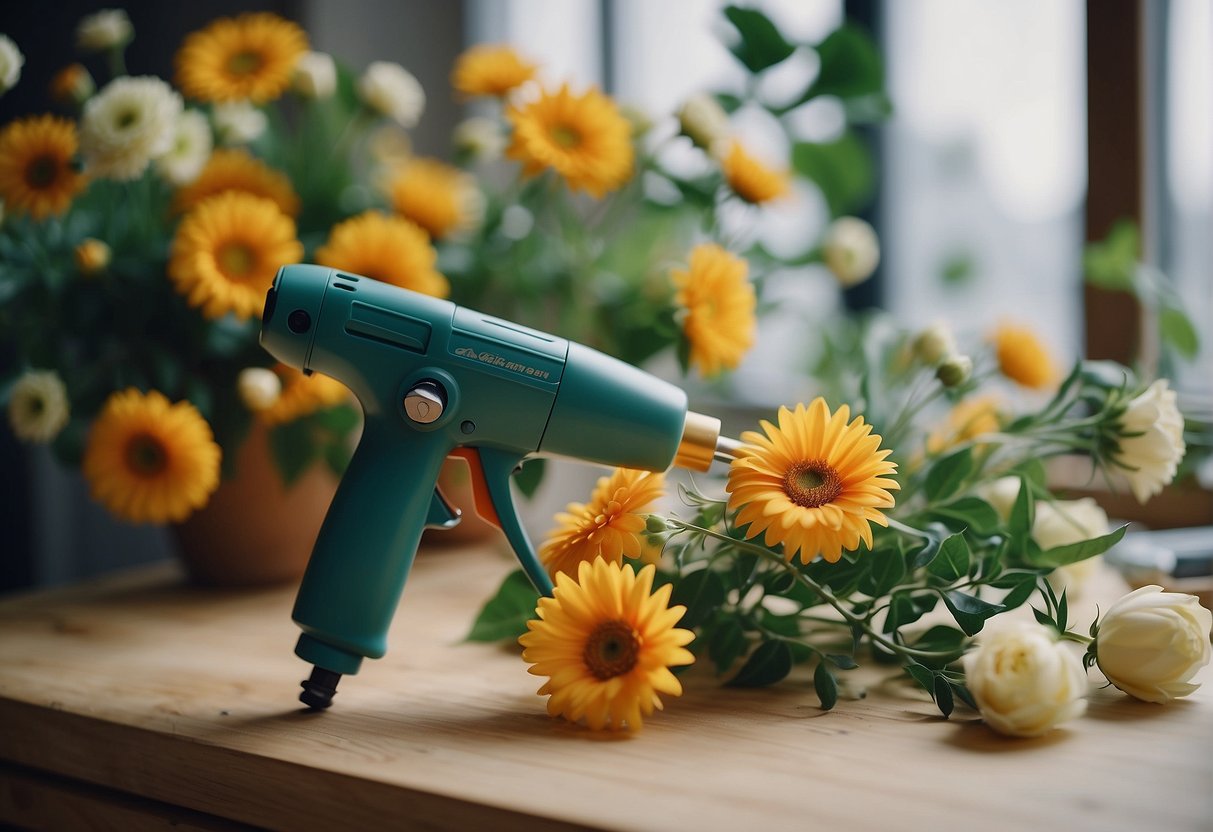 Glue gun in use, securing flowers and foliage in a floral arrangement