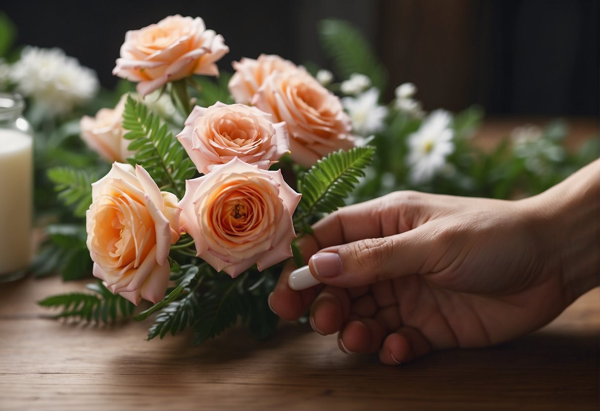 A hand holding a glue stick applies adhesive to secure floral elements in a bouquet arrangement