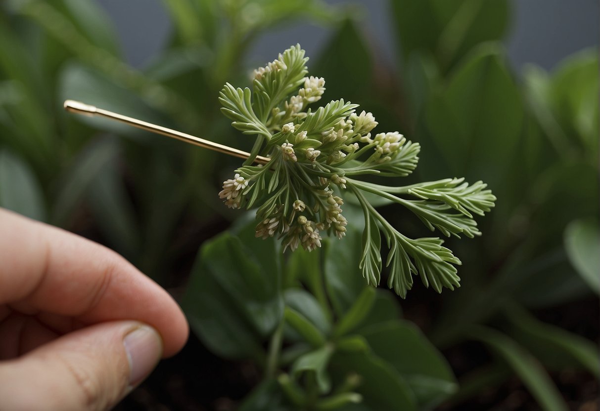Greening pins secure foliage in floral arrangements. A hand holds a pin, inserting it into a stem. Greenery surrounds the pin