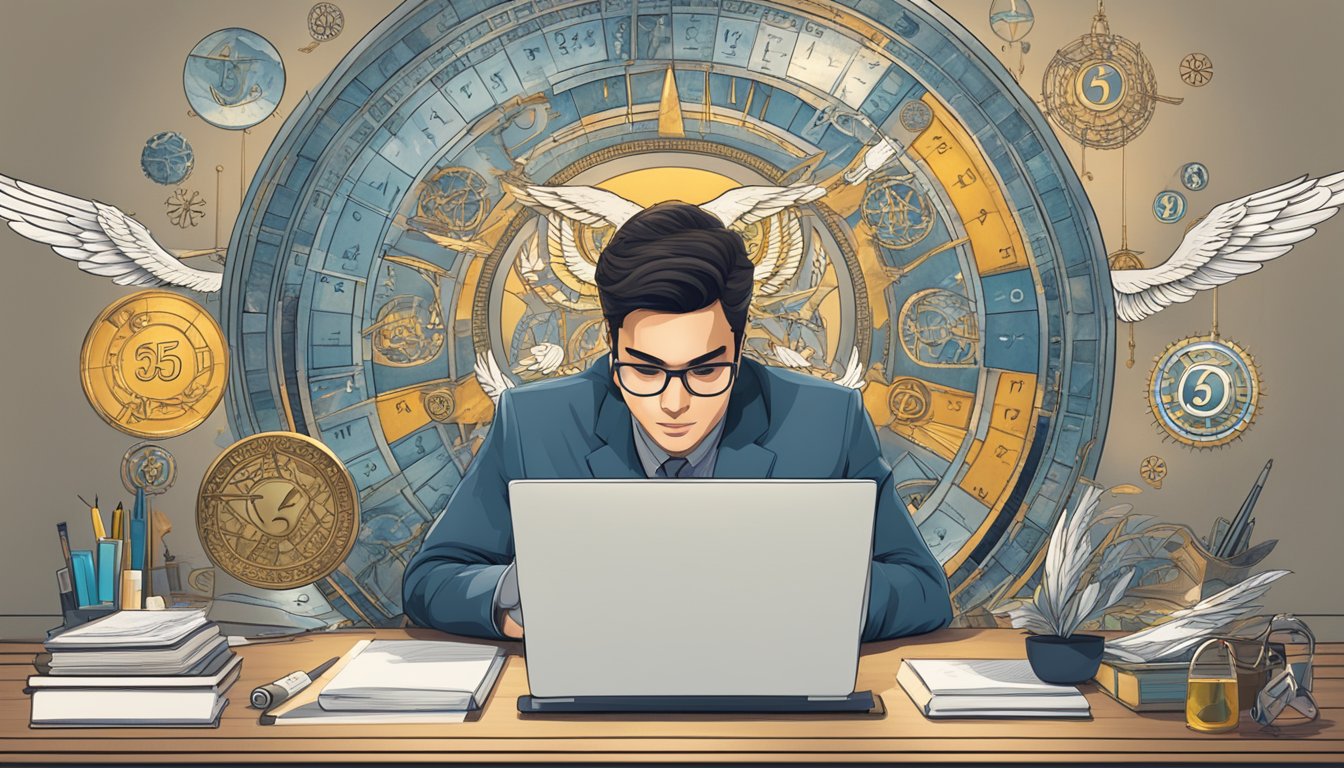 A person working at a desk with the number 1555 and angelic symbols surrounding them