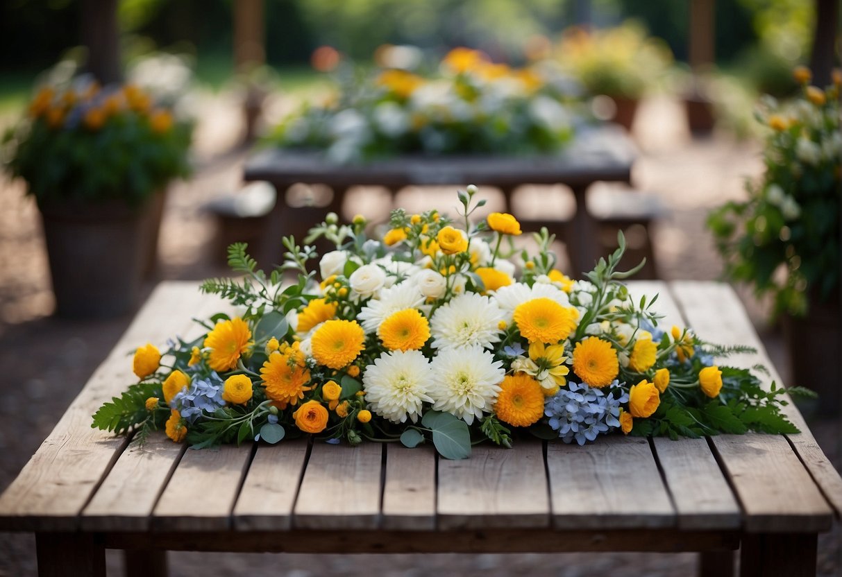A table with various-sized grids filled with different types of flowers and foliage arranged in a symmetrical and visually appealing manner