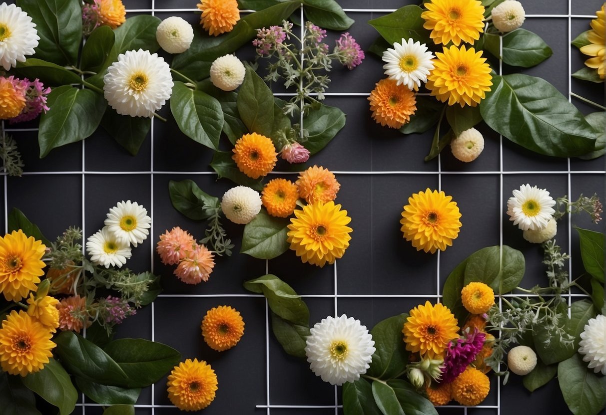 A table with various flowers and foliage arranged in a grid pattern, demonstrating the fundamentals of gridworks in floral design
