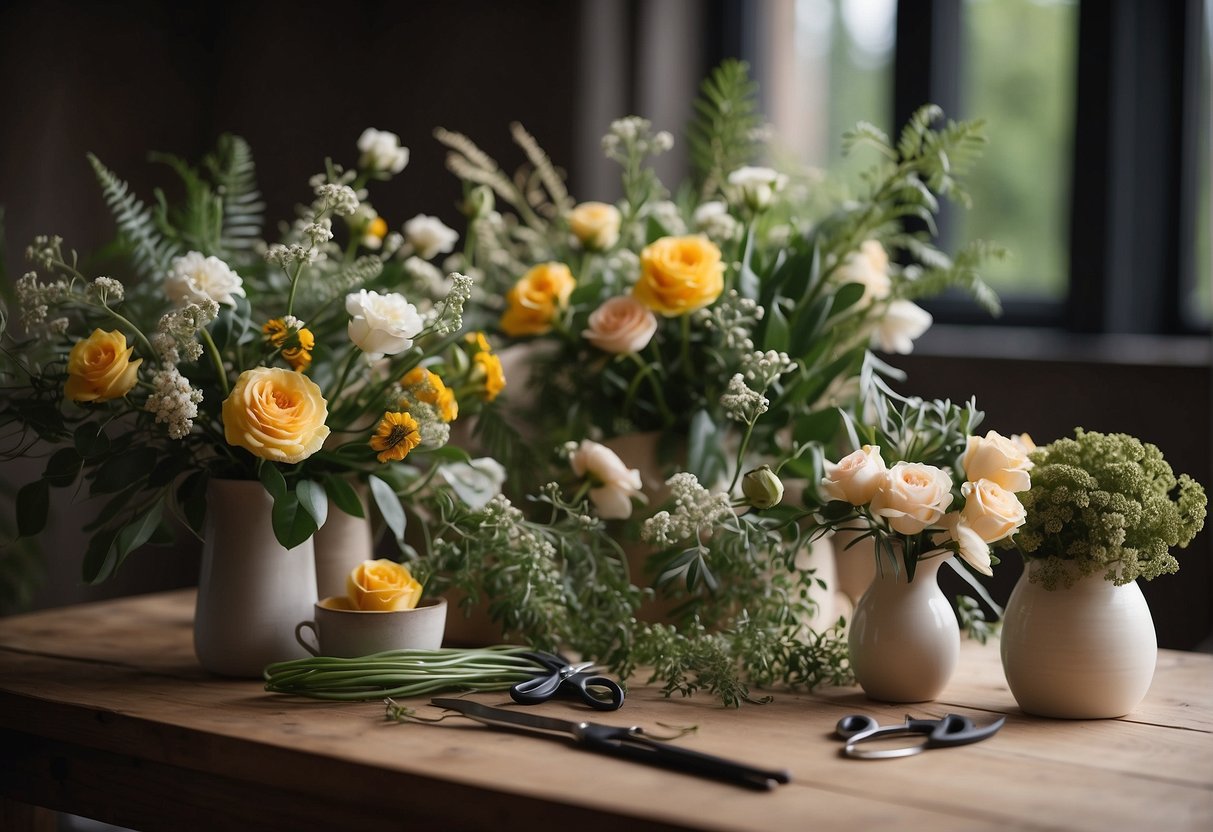 A table with vases, floral foam, scissors, wire, and ribbon. Various fresh flowers and foliage arranged in different stages of completion